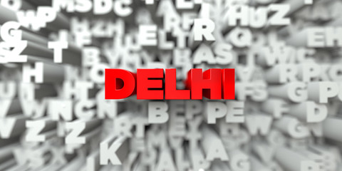 DELHI -  Red text on typography background - 3D rendered royalty free stock image. This image can be used for an online website banner ad or a print postcard.