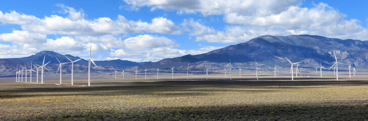 Wind turbine farm in Nevada desert panoramic