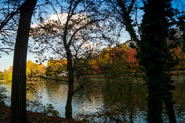 Colorfull italian park with trees and autumn colors and water