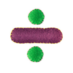 Division sign isolate on white. Handmade Division sign from felt. Symbol of division in...