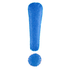 Exclamation point from felt. Handmade Exclamation point from blue felt. Collection of colorful handmade English alphabet isolate on white background
