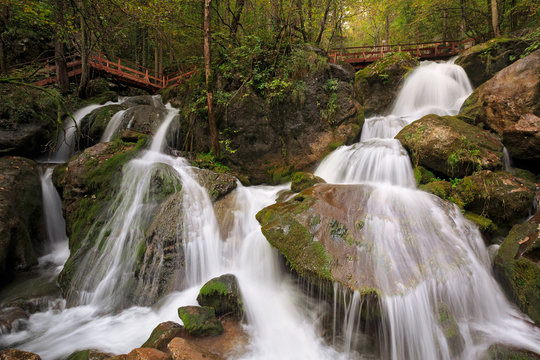Footbridge over the Myra Falls, located in a ravine in the municipality of Muggendorf in the Austrian federal state of Lower Austria.