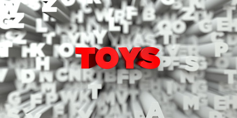 TOYS -  Red text on typography background - 3D rendered royalty free stock image. This image can be used for an online website banner ad or a print postcard.
