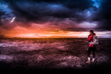 Fototapeta premium Hiker in Crater of the Moon National Monument