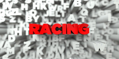 RACING -  Red text on typography background - 3D rendered royalty free stock image. This image can be used for an online website banner ad or a print postcard.