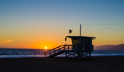 Santa Monica lifeguard station at sunset