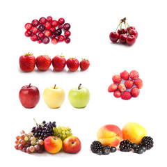 Set of fruits and berries photography. Cranberries cherry strawberries blueberry apple grape apricot blackberry on white background. Thanksgiving day