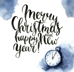Watercolor christmas print with vintage clock and lettering. Christmas illustration with snow, pocket watch and Merry Christmas and happy New Year lettering isolated on white background. For design