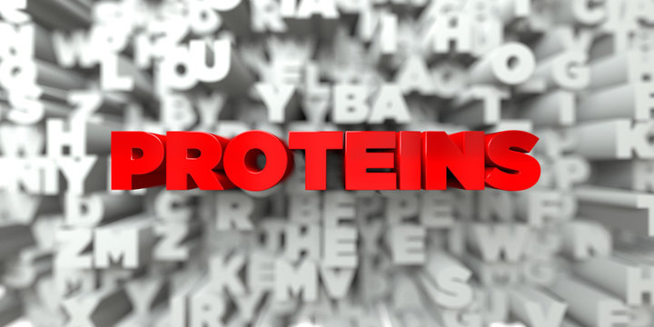 PROTEINS -  Red text on typography background - 3D rendered royalty free stock image. This image can be used for an online website banner ad or a print postcard.