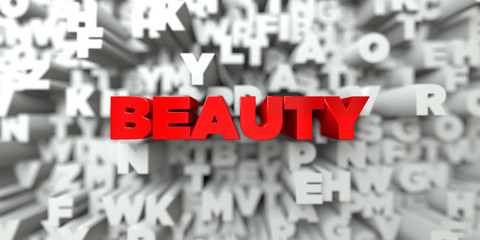 BEAUTY -  Red text on typography background - 3D rendered royalty free stock image. This image can be used for an online website banner ad or a print postcard.