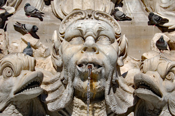 fountain head with pigeons in bg with fish sculptures on either side