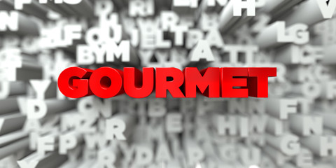 GOURMET -  Red text on typography background - 3D rendered royalty free stock image. This image can be used for an online website banner ad or a print postcard.