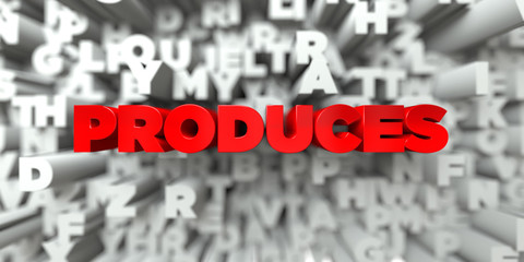 PRODUCES -  Red text on typography background - 3D rendered royalty free stock image. This image can be used for an online website banner ad or a print postcard.