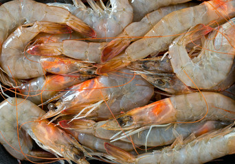 resh raw prawns on dark gray kitchen table