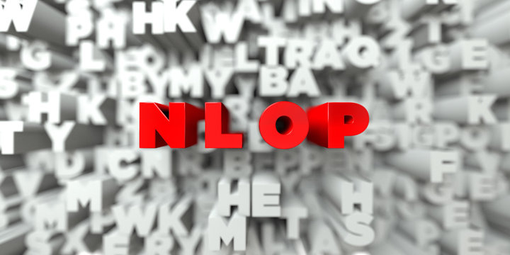 N L O P -  Red text on typography background - 3D rendered royalty free stock image. This image can be used for an online website banner ad or a print postcard.