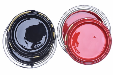 Cans of Red and Black Paint Top View Isolated on White Background