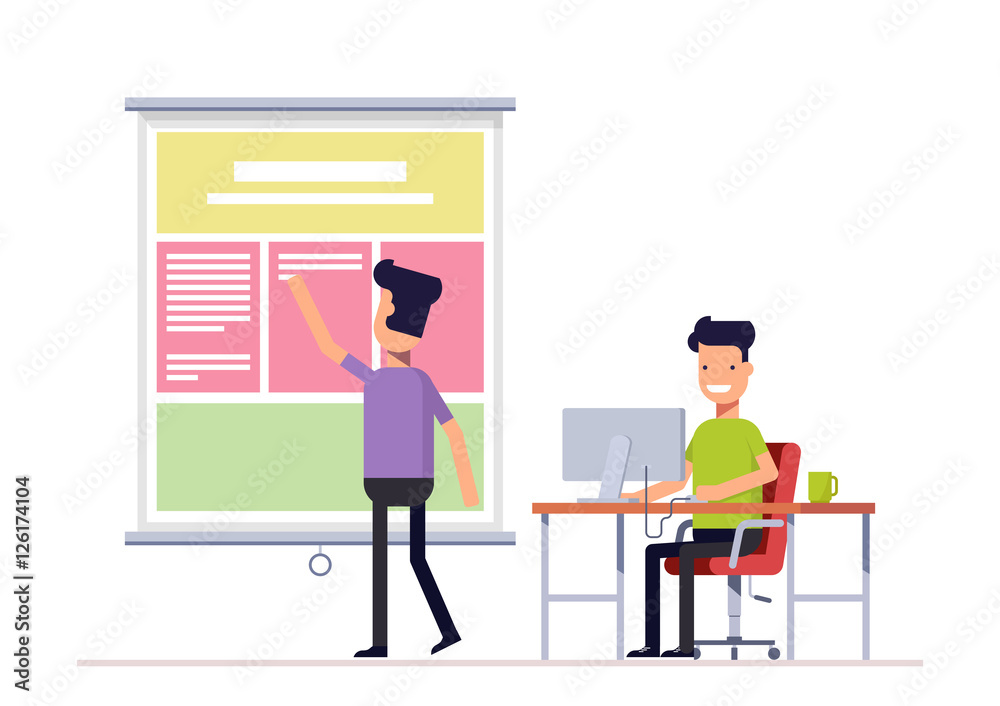 Poster programmer and designer working in office on the web site or landing page. workers team well coordin