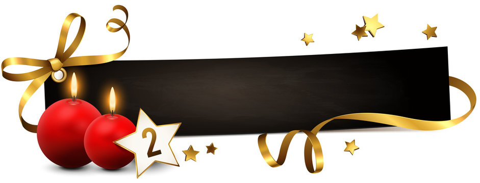 Zweiter Advent - Schild mit zwei Kerzen, goldener Schleife und Stern Dekoration