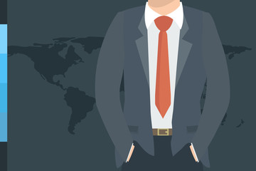 Closeup view of Businessman in nice suit on world map background. Silhouette illustration of a businessman, top part of the body. Global Business. Business concept.