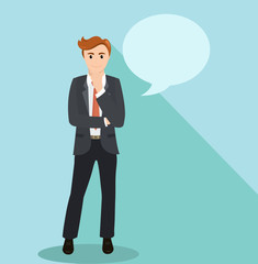 Businessman thinking at full length portrait. Business concept. Handsome successful man dressed in suit. Portrait of Full length. Flat design vector illustration