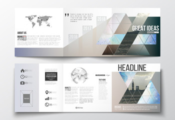 Set of tri-fold brochures, square design templates . Abstract colorful polygonal backdrop with blurred image, modern stylish triangular vector texture
