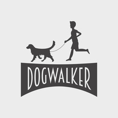 Pet shop or store logo, label or badge concept. Dog walker silhouette of dog golden retriever and boy or young man