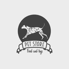 Pet shop or store logo, label or badge concept with illustration of running dalmatian dog