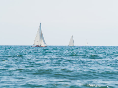 group of three small sailboats sailing in a sunny day
