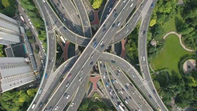 Overhead aerial view of traffic on major interchange Shanghai China