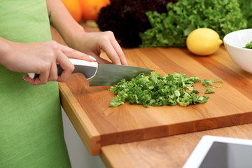 Closeup of woman hands cooking vegetables salad in kitchen. Healthy meal and vegetarian concept.