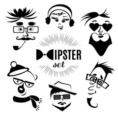 Hipster character faces avatars isolated on white background. Vintage Hipsters style monochrome set. Different faces collection for your funny design. Vector illustration