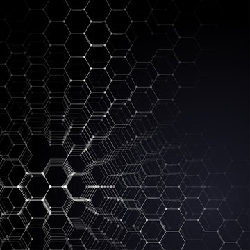 Chemistry 3D Pattern, Hexagonal Molecule Structure On Black, Scientific Medical Research. Medicine, Science And Technology Concept. Motion Design. Geometric Abstract Background.