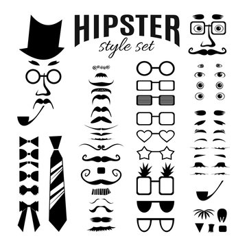 Hipster style infographic elements and icons set for retro design. Hipster construction with collection of eyes, eyebrows, moustaches, glasses, beards, bow ties, a tie and a pipe. Vector illustration