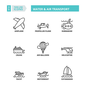 Thin line icons. Water and air transport