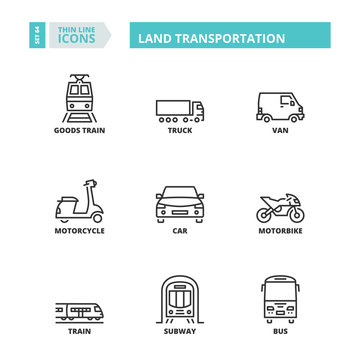 Thin line icons. Land transport