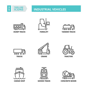 Thin line icons. Industrial vehicles