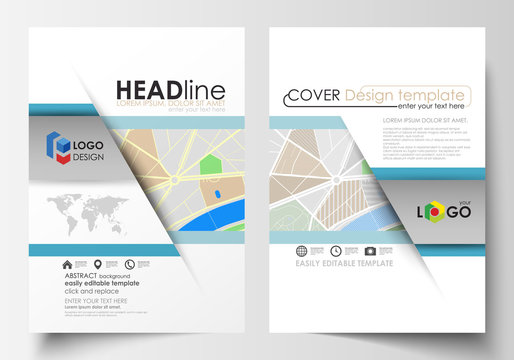 Business templates for brochure, magazine, flyer, booklet or annual report. Easy editable layout in A4 size. City map with streets. Flat design cover template, tourism businesses, abstract vector.