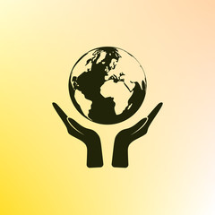 Flat paper cut style icon of two hands holding Earth