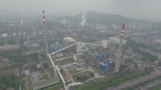 Aerial view of a massive petrochemical facility oil refinery plant in Guangzhou, China