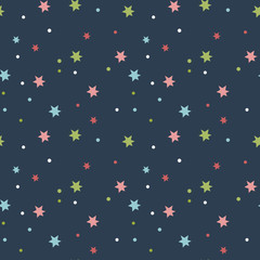 Fototapeta na wymiar Starry night sky seamless pattern. Red, green, blue stars and spots on dark blue background vector illustration. Outer space. For gifts wrapping paper, greeting cards, holiday invitations design