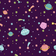 Deep space cartoon seamless pattern. Aliens spaceship, colorful stars, shining comets, moon, saturn planet vector illustration on violet background. For wrapper, greeting cards, invitations design
