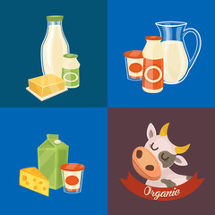 Assortment of different dairy products, isolated square composition on color background, vector illustration. Organic logo with cartoon cow. Nutritious and natural healthy food. Dairy icons.