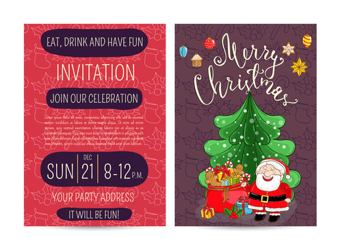 Invitation on Christmas party with date and time. Cheerful Santa, sack of gifts, holly, christmas tree toys cartoon vectors. Merry Christmas and happy New Year greetings. Xmas holiday fun celebrating