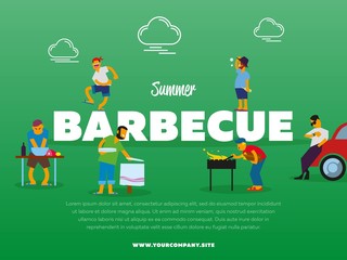 Summer barbecue party banner with happy people vector illustration. Group of friends making barbecue. Eating and sharing positive emotions. Summer rest on nature. Fast food cooking. Friends vacation