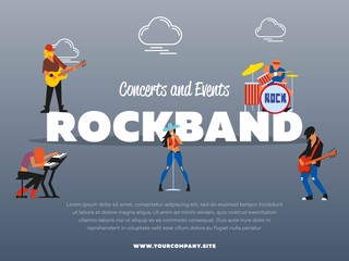 Concert and events rockband banner vector illustration. Singer, guitarist, drummer, solo guitarist, bassist, keyboardist characters performs on stage. Rock star. music group with musicians concept.