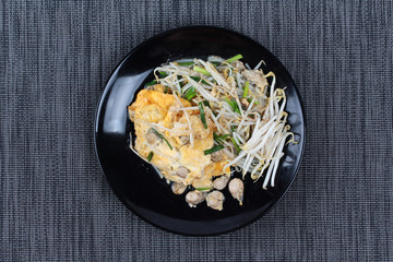 Thai food,Fried egg and oyster with bean sprouts and shallot as