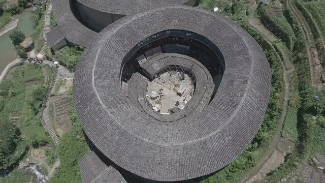 Drone shot over traditional Hakka village in China