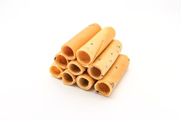 tong muan (a type of rolled wafer, a traditional dessert in Thailand), isolated on a white background, Thai snack