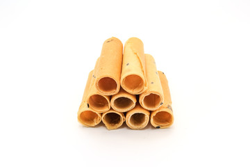 tong muan (a type of rolled wafer, a traditional dessert in Thailand), isolated on a white background, Thai snack
