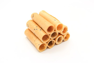 tong muan (a type of rolled wafer, a traditional dessert in Thailand), isolated on a white background, Thai snack